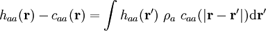 h_{aa}({\mathbf r}) - c_{aa}({\mathbf r}) =  \int  h_{aa} ({\mathbf r'})~\rho_a ~c_{aa}(|{\mathbf r} - {\mathbf r'}|) {\rm d}{\mathbf r'}