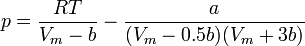 p=\frac{RT}{V_m-b}-\frac{a}{(V_m-0.5b)(V_m+3b)}
