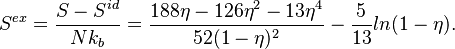 
S^{ex} = \frac{ S - S^{id}}{Nk_b}= \frac{ 188\eta - 126\eta^2 - 13\eta^4 }{52(1-\eta)^2} - \frac{5}{13} ln(1-\eta).
