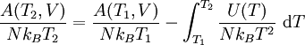 \frac{A(T_2,V)}{Nk_BT_2} = \frac{A(T_1,V)}{Nk_BT_1}  - \int_{T_1}^{T_2} \frac{U(T)}{Nk_BT^2} ~\mathrm{d}T 