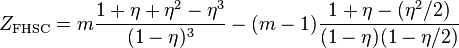 
Z_{\rm FHSC} = m \frac{ 1 + \eta + \eta^2 - \eta^3 }{(1-\eta)^3 } - (m-1) \frac{1+\eta-( \eta^2/2)}{(1-\eta)(1-\eta/2)}
